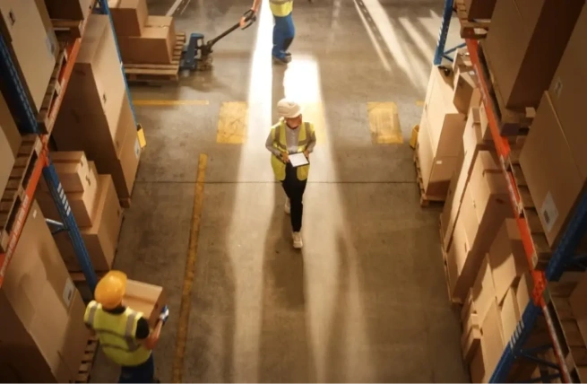 Warehouse employees reviewing industry-specific needs when learning how to select the best warehouse management system.