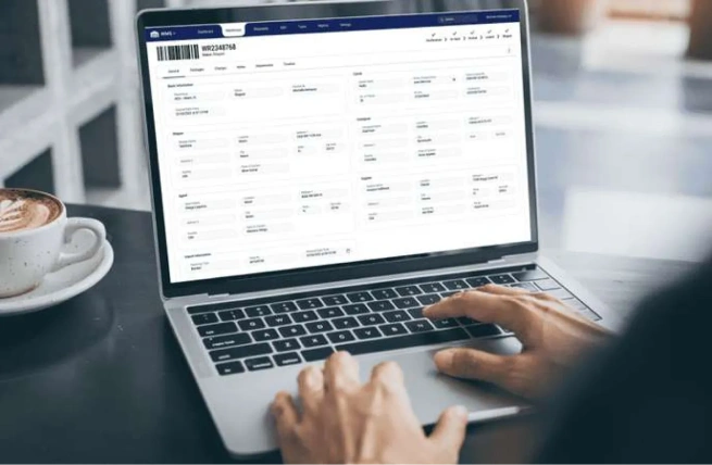 User checking warehouse inventory remotely through WMS features on a laptop.