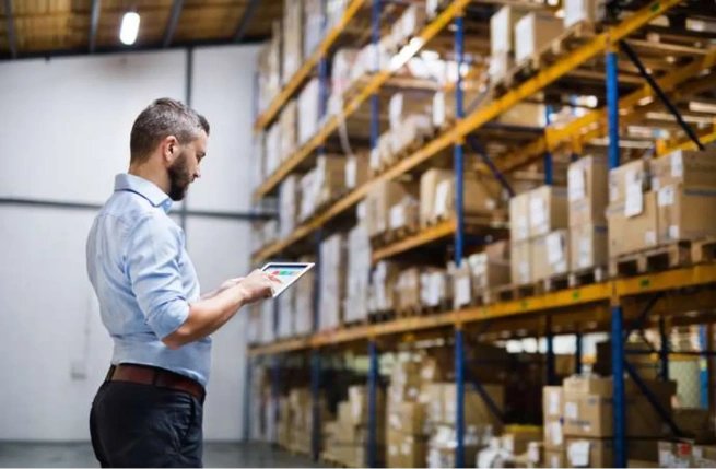 Warehouse manager reviewing inventory on a tablet, illustrating how types of WMS support stock visibility.