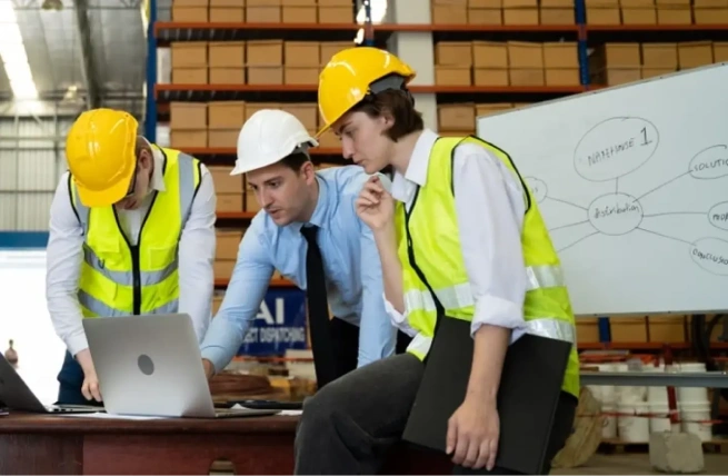 Warehouse team training for a WMS implementation using laptops and a process diagram.
