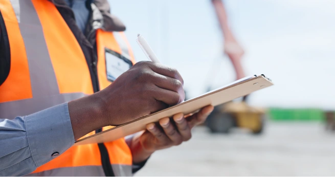 Freight forwarding process documentation check with logistics staff completing shipment paperwork at a cargo site.