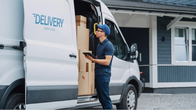 Freight forwarding process final delivery with courier unloading packages from a delivery van.