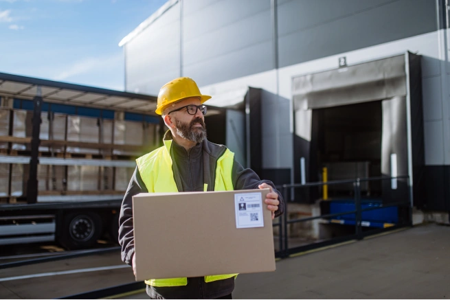Freight forwarding process showing warehouse receiving staff inspecting a labeled package at the loading dock.